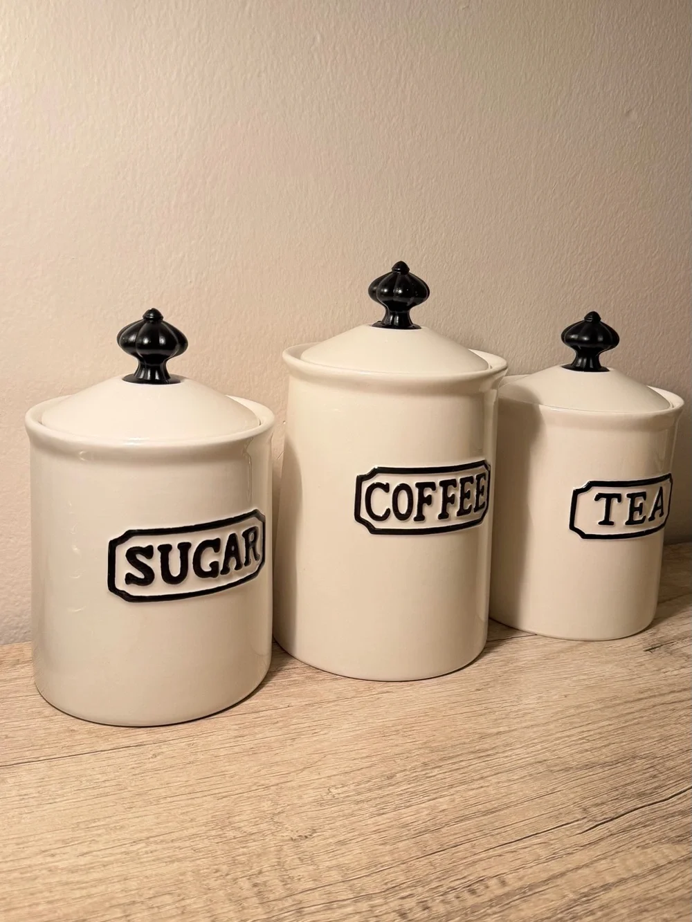 Ceramic Canister Set - sugar, coffee, tea. Cream with Black Accents